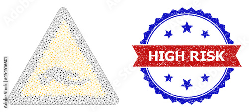 High Risk corroded stamp seal, and beggar hand warning icon network structure. Red and blue bicolor stamp has High Risk caption inside ribbon and rosette. Abstract flat mesh beggar hand warning,