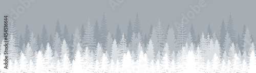 Winter landscape with snowy fir forest. Pines. Set of Pine  Spruce and Christmas Tree. Forest background. Panorama view. Vector illustration