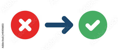 Green tick symbol and red cross sign in circle. Correct icon