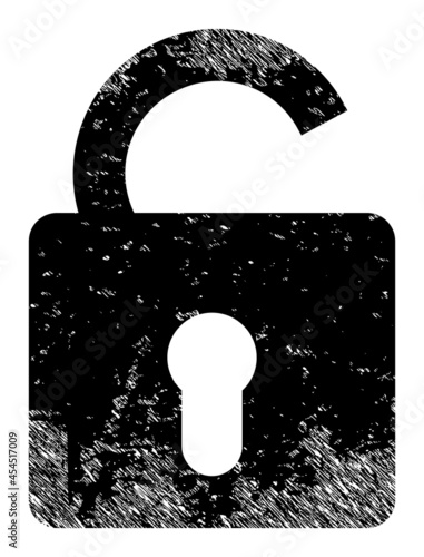 Unlock icon with scratched style. Isolated vector unlock icon image with grunge rubber texture on a white background.