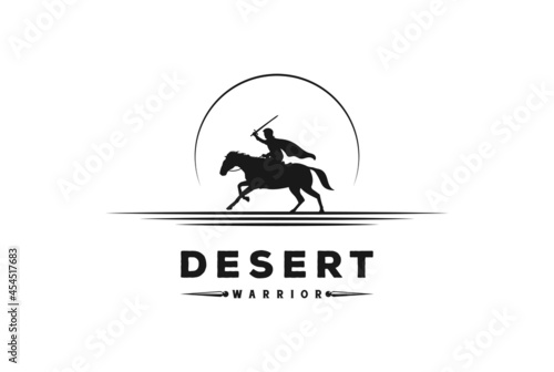 Sunset Sunrise Equestrian Horseback Knight Silhouette or Horse Warrior Paladin Medieval with Desert Land Logo Design Vector photo