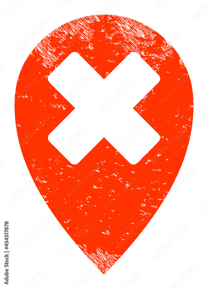 Wrong place icon with grunge effect. Isolated vector wrong place icon image with grunge rubber texture on a white background.