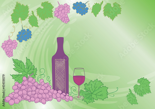 wine bottle with grape and wineglass - vector background for grape harvest