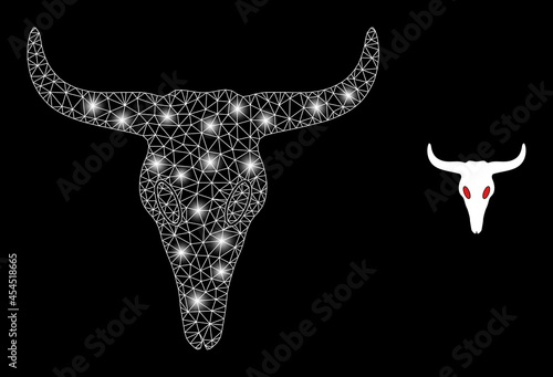 Glamour mesh vector dead bull head with glare effect. White mesh, bright spots on a black background with dead bull head icon. Mesh and lightspot elements are placed on different layers. photo