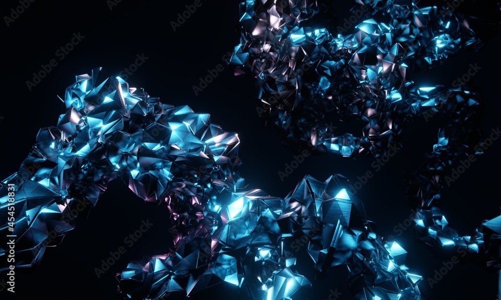 Abstract polygonal background in shades of blue. Glimmering metallic faceted structure on dark background. 3d rendering Abstract polygonal background in shades of blue. Glimmering metallic faceted structure on dark background. 3d rendering