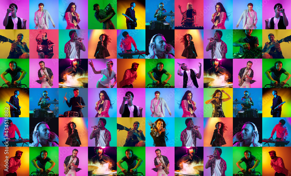 Collage of faces of surprised musicians on multicolored backgrounds. Happy men and women smiling. Human emotions, facial expression concept.