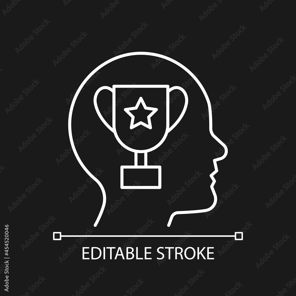 Achievement motivation white linear icon for dark theme. Person need to succeed at something. Thin line customizable illustration. Isolated vector contour symbol for night mode. Editable stroke Achievement motivation white linear icon for dark theme. Person need to succeed at something. Thin line customizable illustration. Isolated vector contour symbol for night mode. Editable stroke