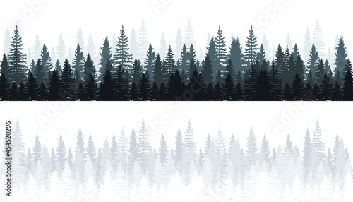 Winter Forest of snowy fir trees silhouette. Forest Silhouette Landscape. Coniferous Forest Panorama. Vector illustration