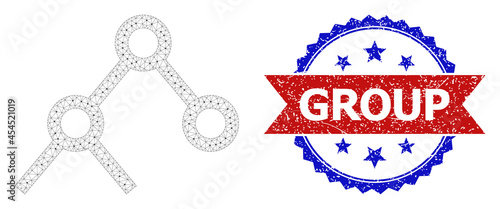 Group scratched stamp, and binary links icon net model. Red and blue bicolor stamp contains Group text inside ribbon and rosette. Abstract flat mesh binary links, designed with flat mesh.