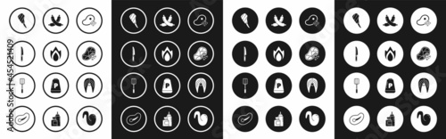 Set Fresh frozen steak meat, Fire flame, Knife, Rib eye, Crossed sausage, Fish and Spatula icon. Vector