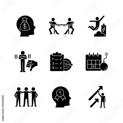Motivation stimulus black glyph icons set on white space. Money reward. Desire to win. Positive dynamics. Team member. Goal achievement. Silhouette symbols. Vector isolated illustration