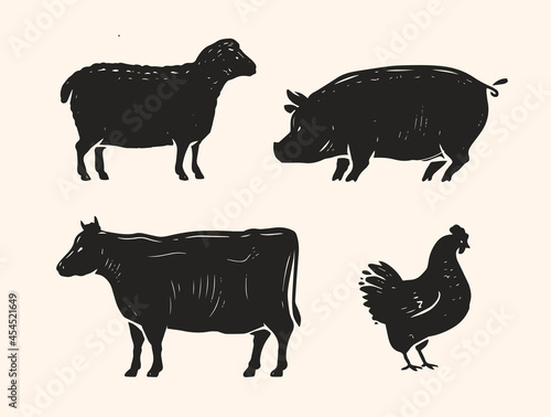 Set of animals for the butcher shop. Cow, pig, chicken and lamb symbol or icon.  Farm animals vector illustration