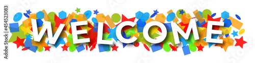 Vector banner greeting "Welcome" with multicolored confetti on an isolated background. Vector banner for your design EPS 10