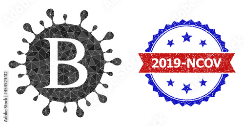Lowpoly Beta coronavirus polygonal 2d illustration, and grunge bicolor rosette watermark, in red and blue colors. Collage Beta coronavirus is designed of chaotic color triangles.