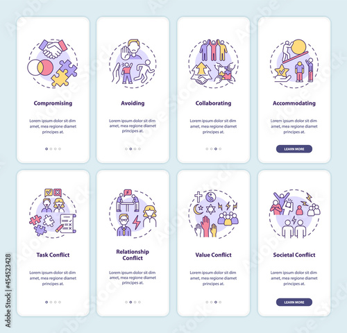 Conflict management onboarding mobile app page screen set. Work relations walkthrough 4 steps graphic instructions with concepts. UI, UX, GUI vector template with linear color illustrations