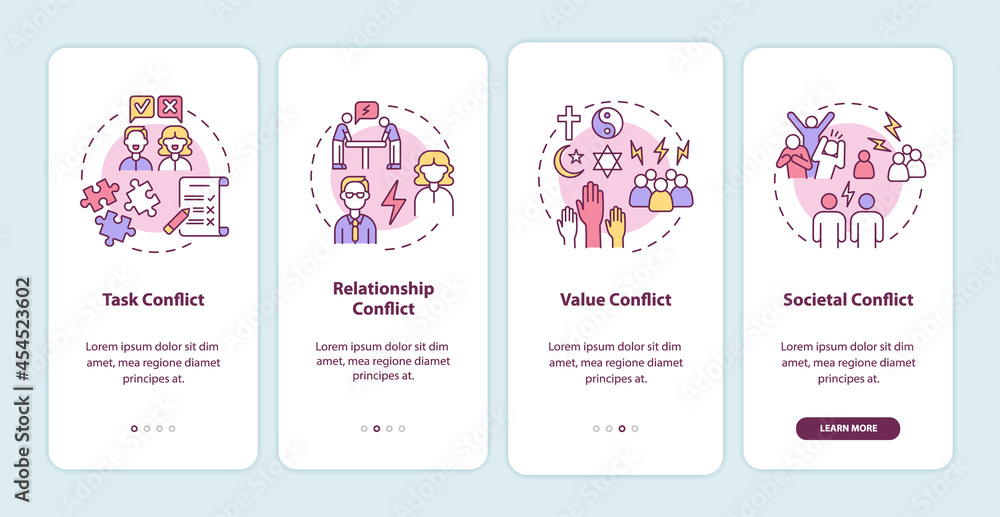 Conflict types onboarding mobile app page screen. Work relations walkthrough 4 steps graphic instructions with concepts. UI, UX, GUI vector template with linear color illustrations