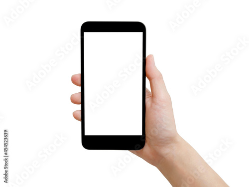 Woman hand holding black smartphone with white screen
