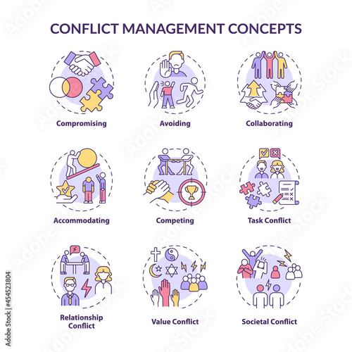 Conflict management concept icons set. Solving relationship issues. Work relations. Resolving team arguments idea thin line color illustrations. Vector isolated outline drawings. Editable stroke