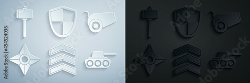 Set Military rank, Cannon, Japanese ninja shuriken, tank, Shield and Battle hammer icon. Vector