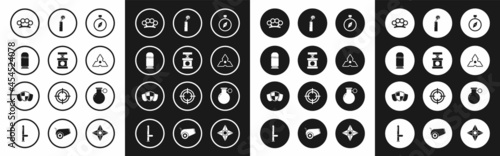 Set Compass, Handle detonator for dynamite, Cartridges, Brass knuckles, Japanese ninja shuriken, Dynamite bomb stick clock, grenade and Shield icon. Vector