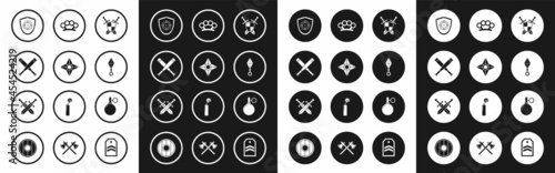 Set Medieval shield with crossed swords, Japanese ninja shuriken, Crossed baseball bat, Target sport, Brass knuckles, Hand grenade and medieval icon. Vector