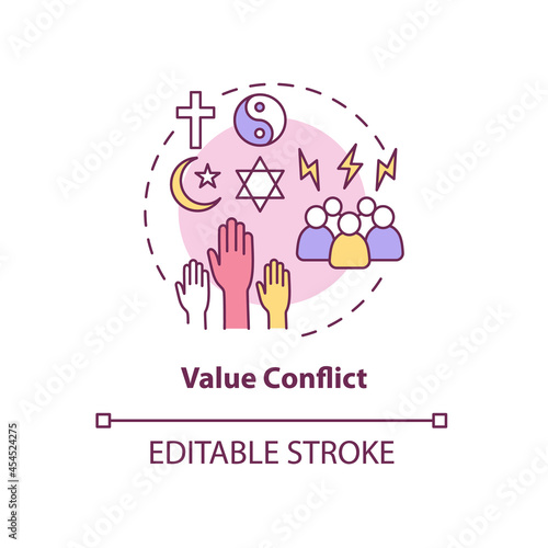 Value conflict concept icon. Disagreement about personal beliefs and religion. Conflict management abstract idea thin line illustration. Vector isolated outline color drawing. Editable stroke