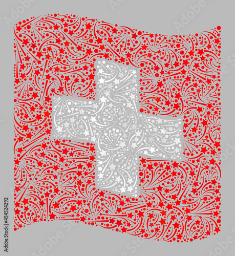 Mosaic waving Swiss flag designed of salute star items. Vector festive collage waving Swiss flag designed for event purposes. Swiss flag collage is created of random explosive items.