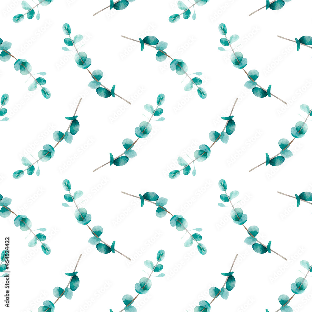 Watercolor seamless botanical pattern with eucalyptus. Hand painted background with green eucalyptus branches for prints, textile, wrapping paper and wedding decoration. Watercolor seamless botanical pattern with eucalyptus. Hand painted background with green eucalyptus branches for prints, textile, wrapping paper and wedding decoration.