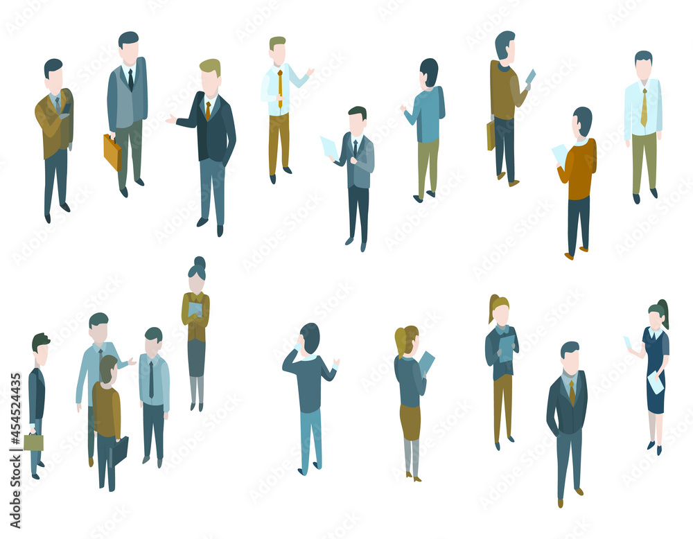 Business isometric people in formal suit, discuss or talking. Conversation in cartoon style. Group of human dressed in strict suit. Team standing together Business isometric people in formal suit, discuss or talking. Conversation in cartoon style. Group of human dressed in strict suit. Team standing together