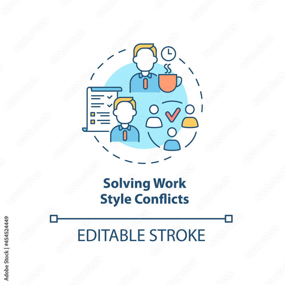 Solving work style conflict concept icon. Resolving workplace arguments. Conflict management abstract idea thin line illustration. Vector isolated outline color drawing. Editable stroke Solving work style conflict concept icon. Resolving workplace arguments. Conflict management abstract idea thin line illustration. Vector isolated outline color drawing. Editable stroke