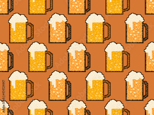 Pixel beer seamless pattern. Glass of beer pixel art. 8 bit mug, pixel drinks. Graphic style of video games from the 90s. Design for games, wrapping and advertising. Vector illustration