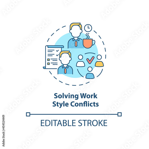 Solving work style conflict concept icon. Resolving workplace arguments. Conflict management abstract idea thin line illustration. Vector isolated outline color drawing. Editable stroke