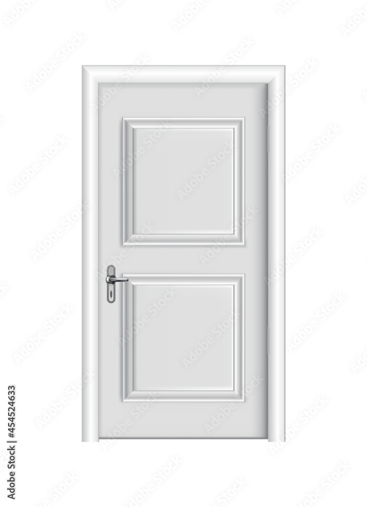 Closed white entrance. Realistic door with frame isolated on white background. Clean design white door template. Decorative house element Closed white entrance. Realistic door with frame isolated on white background. Clean design white door template. Decorative house element