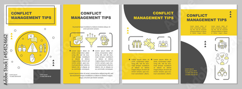 Conflict management tips yellow brochure template. Human relations. Flyer, booklet, leaflet print, cover design with linear icons. Vector layouts for presentation, annual reports, advertisement pages