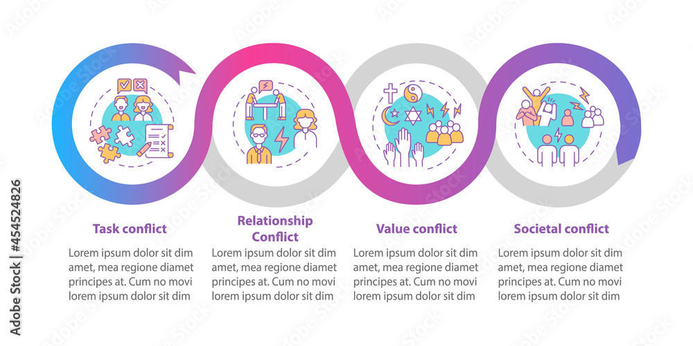Different conflicts vector infographic template. Communication presentation outline design elements. Data visualization with 4 steps. Process timeline info chart. Workflow layout with line icons Different conflicts vector infographic template. Communication presentation outline design elements. Data visualization with 4 steps. Process timeline info chart. Workflow layout with line icons