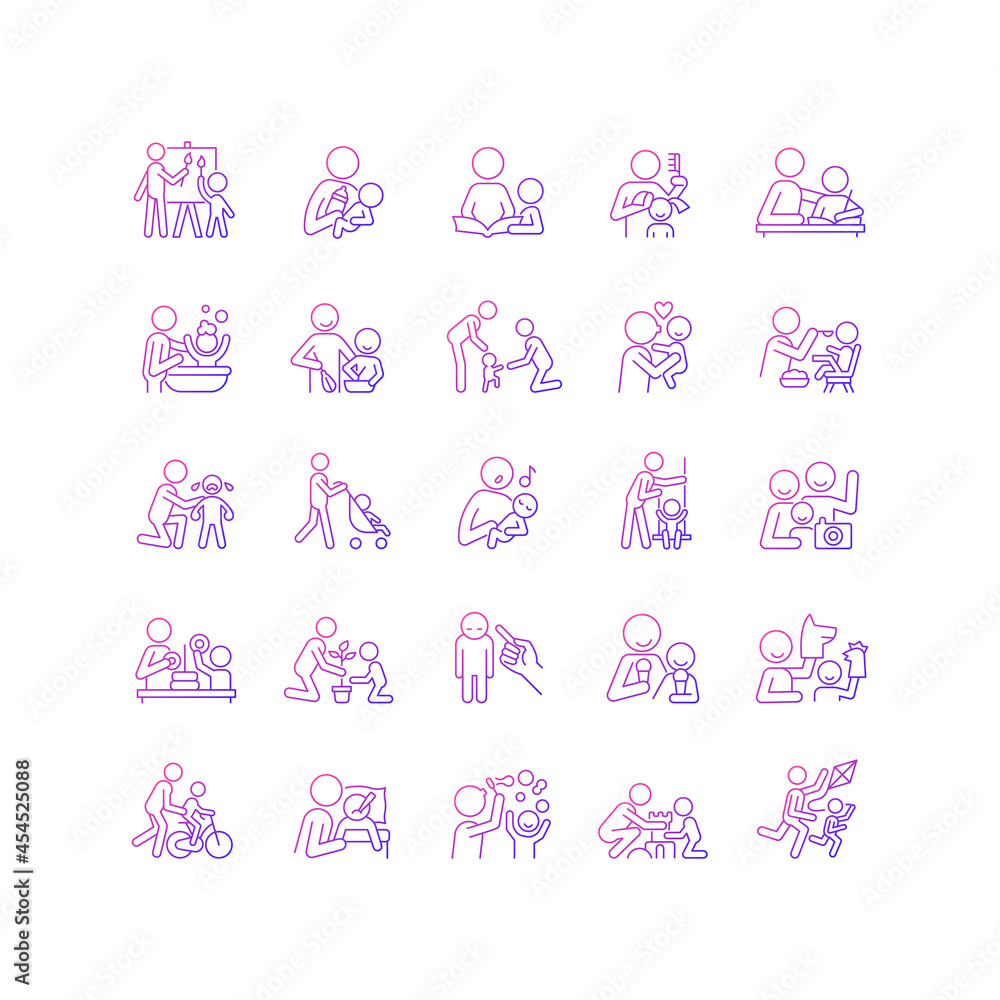 Parent and child interaction gradient linear vector icons set. Building emotional closeness. Bonding activity. Thin line contour symbols bundle. Isolated outline illustrations collection Parent and child interaction gradient linear vector icons set. Building emotional closeness. Bonding activity. Thin line contour symbols bundle. Isolated outline illustrations collection