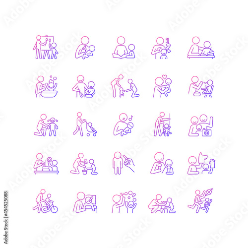 Parent and child interaction gradient linear vector icons set. Building emotional closeness. Bonding activity. Thin line contour symbols bundle. Isolated outline illustrations collection