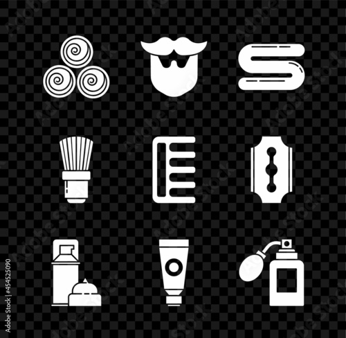 Set Towel rolls, Mustache and beard, Shaving gel foam, Cream or lotion cosmetic tube, Aftershave bottle with atomizer, brush and Hairbrush icon. Vector