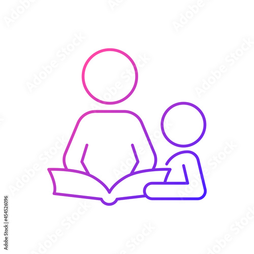 Reading book with child gradient linear vector icon. Spend time together. Cognitive development. Storytelling with kid. Thin line color symbol. Modern style pictogram. Vector isolated outline drawing