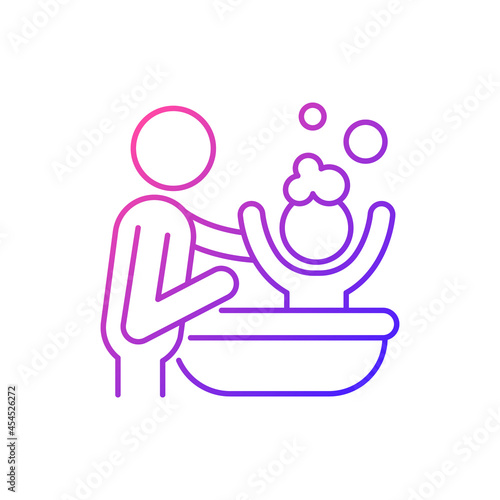 Bathing child gradient linear vector icon. Providing secure feeling. Skin-to-skin contact. Bathtime bonding. Thin line color symbol. Modern style pictogram. Vector isolated outline drawing