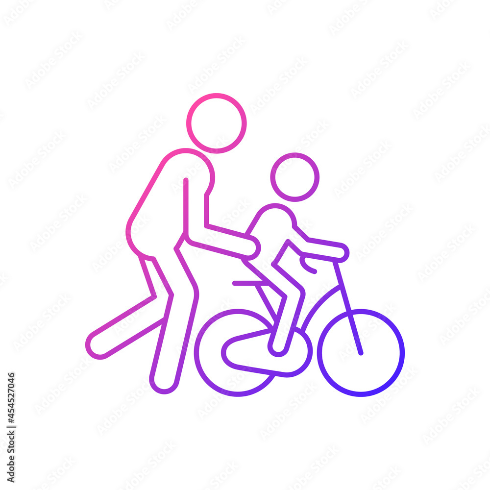 Learning to ride bike gradient linear vector icon. Building kid cycling skills. Fun family togetherness time. Thin line color symbol. Modern style pictogram. Vector isolated outline drawing Learning to ride bike gradient linear vector icon. Building kid cycling skills. Fun family togetherness time. Thin line color symbol. Modern style pictogram. Vector isolated outline drawing