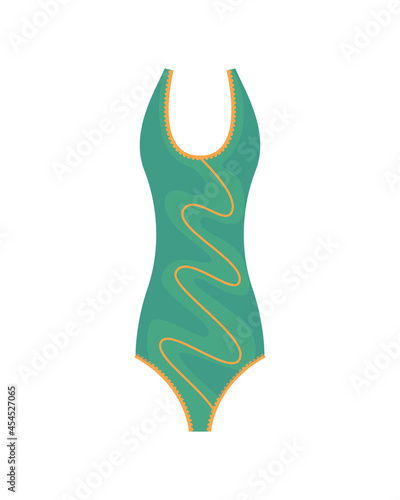 Fashion swimsuit. Flat icon of cartoon trendy female beachwear. One-piece swimming suit or bathing girls and womans underwear lingerie