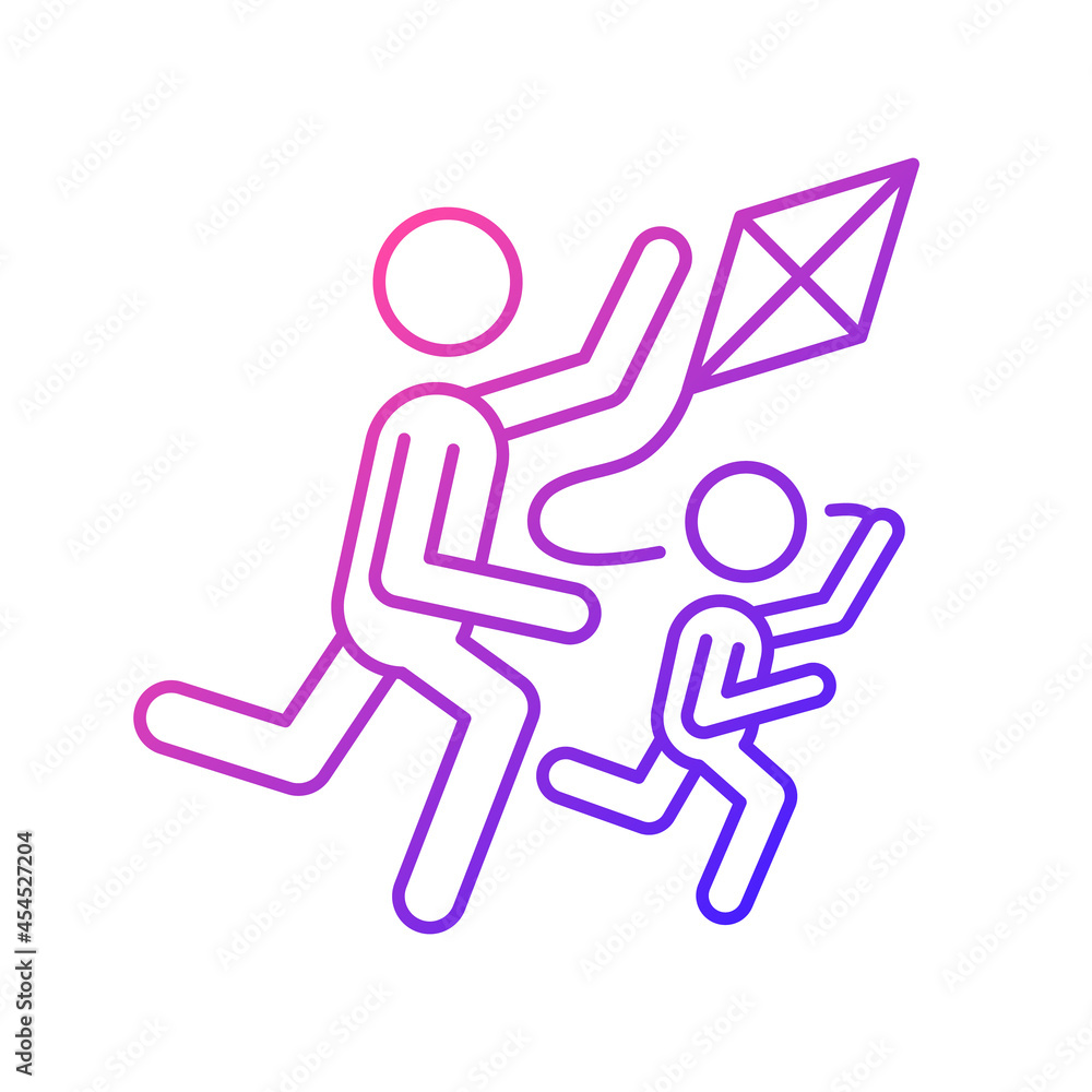 Flying kite gradient linear vector icon. Playing with child outdoors. Family bonding. Develop coordination. Thin line color symbol. Modern style pictogram. Vector isolated outline drawing Flying kite gradient linear vector icon. Playing with child outdoors. Family bonding. Develop coordination. Thin line color symbol. Modern style pictogram. Vector isolated outline drawing