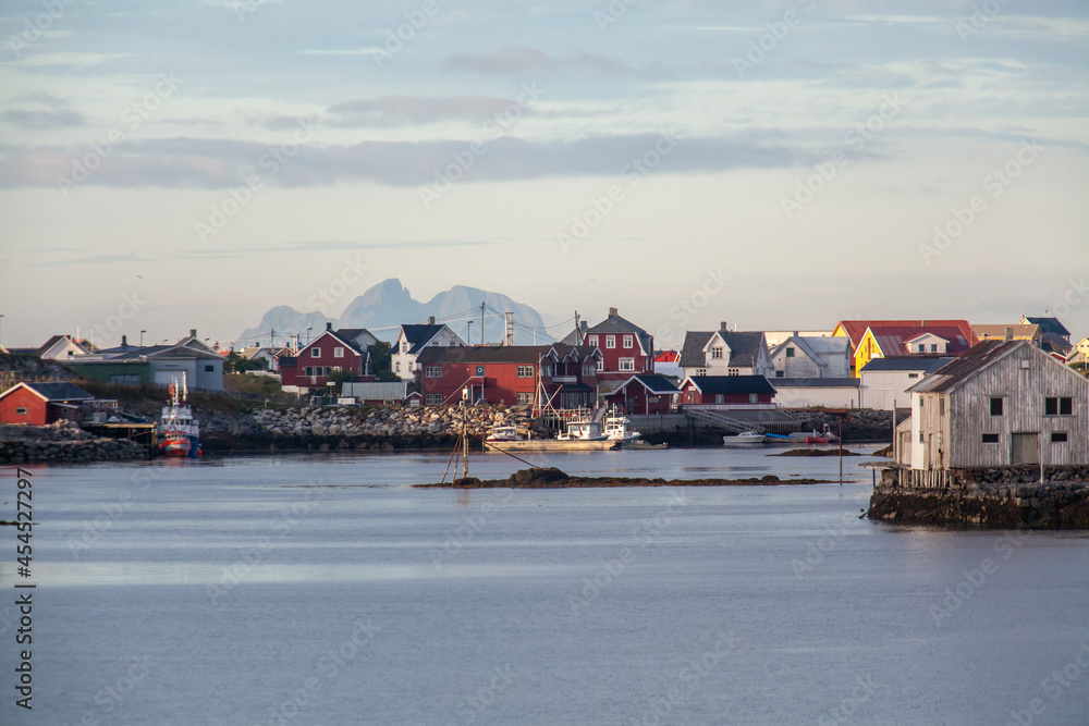 View of the fishing village on the island Røst in Norway. Norwegian culture in Lofoten.