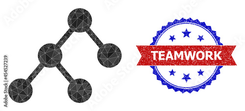 Low-poly binary structure polygonal icon illustration, and grunge bicolor rosette stamp imprint, in red and blue colors. Mosaic binary structure created with randomized colored triangles.