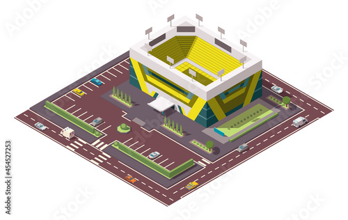 Isometric sport arena. Place for biggest sport competitions. Vector icon or infographic element representing football basketball or hockey stadium with cars and buses on the street