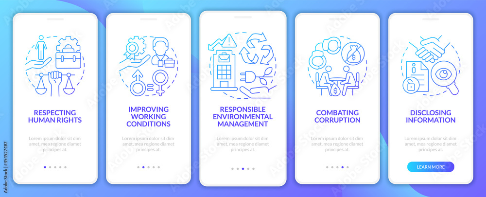 Corporate social responsibility blue gradient onboarding mobile app page screen. Walkthrough 5 steps graphic instructions with concepts. UI, UX, GUI vector template with linear color illustrations