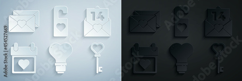 Set Heart shape in a light bulb, Envelope with Valentine heart, Calendar, Key, Please do not disturb and icon. Vector