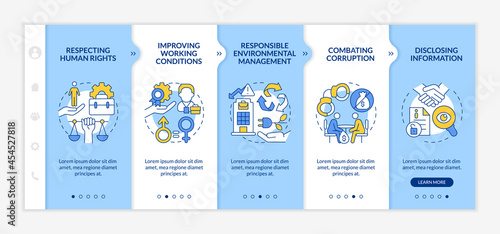 Corporate social responsibility issues vector onboarding vector template. Responsive mobile website with icons. Web page walkthrough 5 step screens. Color concept with linear illustrations