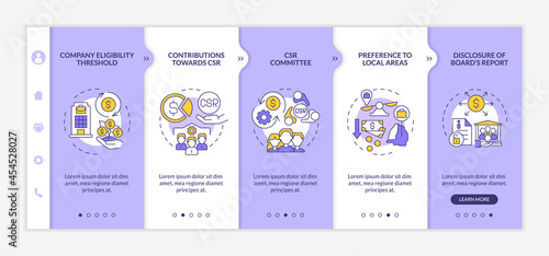 Corporate social responsibility basics onboarding vector template. Responsive mobile website with icons. Web page walkthrough 5 step screens. Color concept with linear illustrations